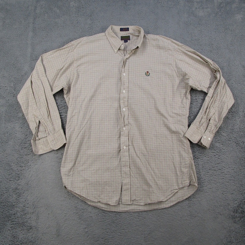 Vintage Chaps Ralph Lauren Mens Plaid Button Down Shirt 16.5 34/35 Beige USA